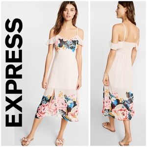 🌸 Express, Pink Peony Floral Ruffled Trim Cold Shoulder Midi Dress